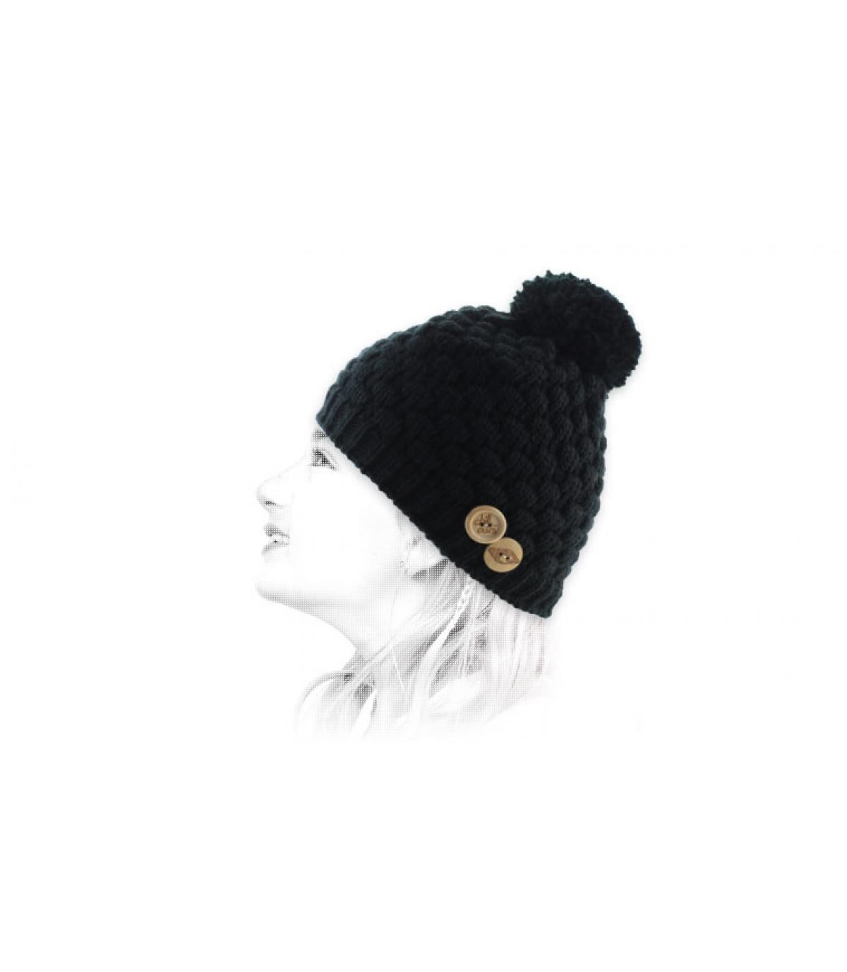 bonnet pompon noir boutons Nora Kid Hat black